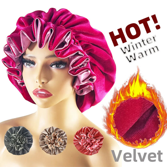 Winter Velvet Bonnet's Double Layer Thickening Velvet+Satin Sleep Cap Warm Nightcap Big Bonnet Sleeping Cap