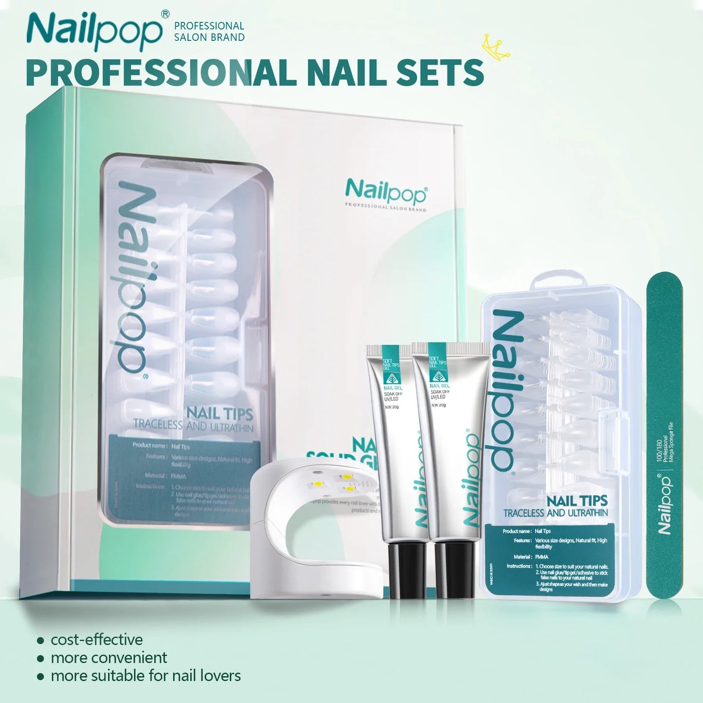 Nailpop Nail Tips and Glue Gel Nail Kit Fast Nail Extension Set with Soft Gel UV Lamp 600Pcs Semi Matte Nails and Files Tools