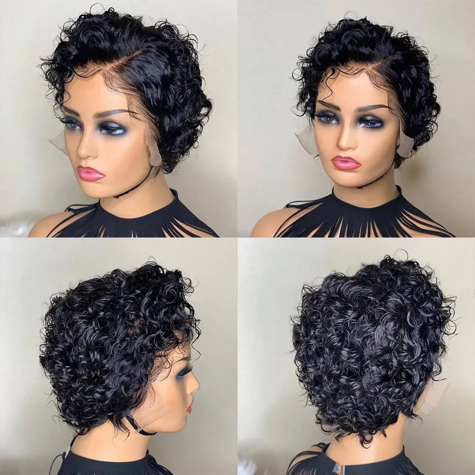 13x4 Lace Frontal Human Hair Wigs Pre Plucked Short Water Wave Pixie Cut Wigs for Black Women 180% Density 13x1 Transparent Lace