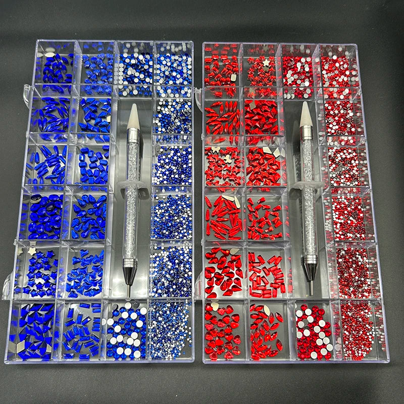 Mixed AB Red Blue Glass Crystal Diamond Flat Rhinestone Nail Art Decoration 21 Grid Box Nails Accessories Set With 1 Pick Up Pen