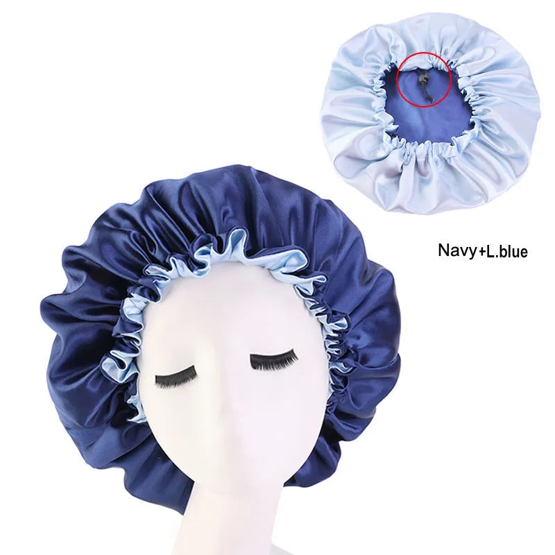 New Women Solid Reversible Satin Bonnet For Curly Hair Cap Double Layer Adjustable Sleep Cap Elastic Hair Cap Haircare Night Hat