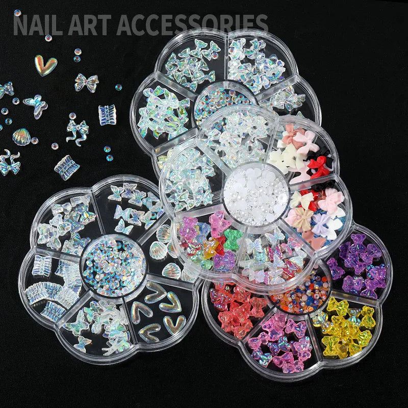 Mixed 6 Grids Elegant Nail Decorations Accessories AB color Camellia Pearl Butterfly For Shiny Nail Art Decoration Rhinestones